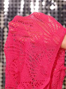 Swim EVENT Ladies' Solid Color Hollow Knitted Cropped Cover Up Top Summer - Hot Pink - View 7