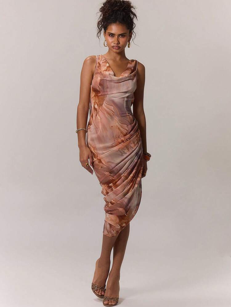Sexy Abstract Printed Cowl Neck Midi Dress Elegant Spring Summer Vacation Party