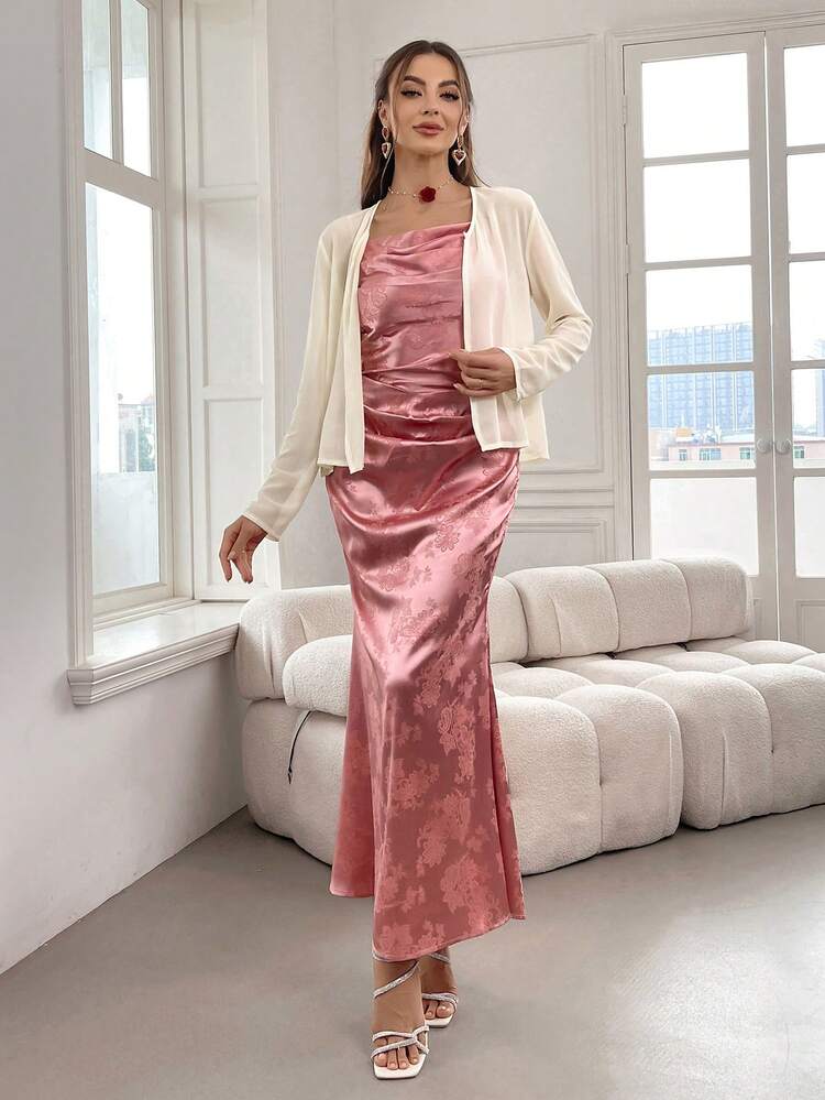 Women's Pink Pleated Strap Dress And White Long Sleeve Jacket Elegant Summer 2-Piece Outfit 2 Piece Set