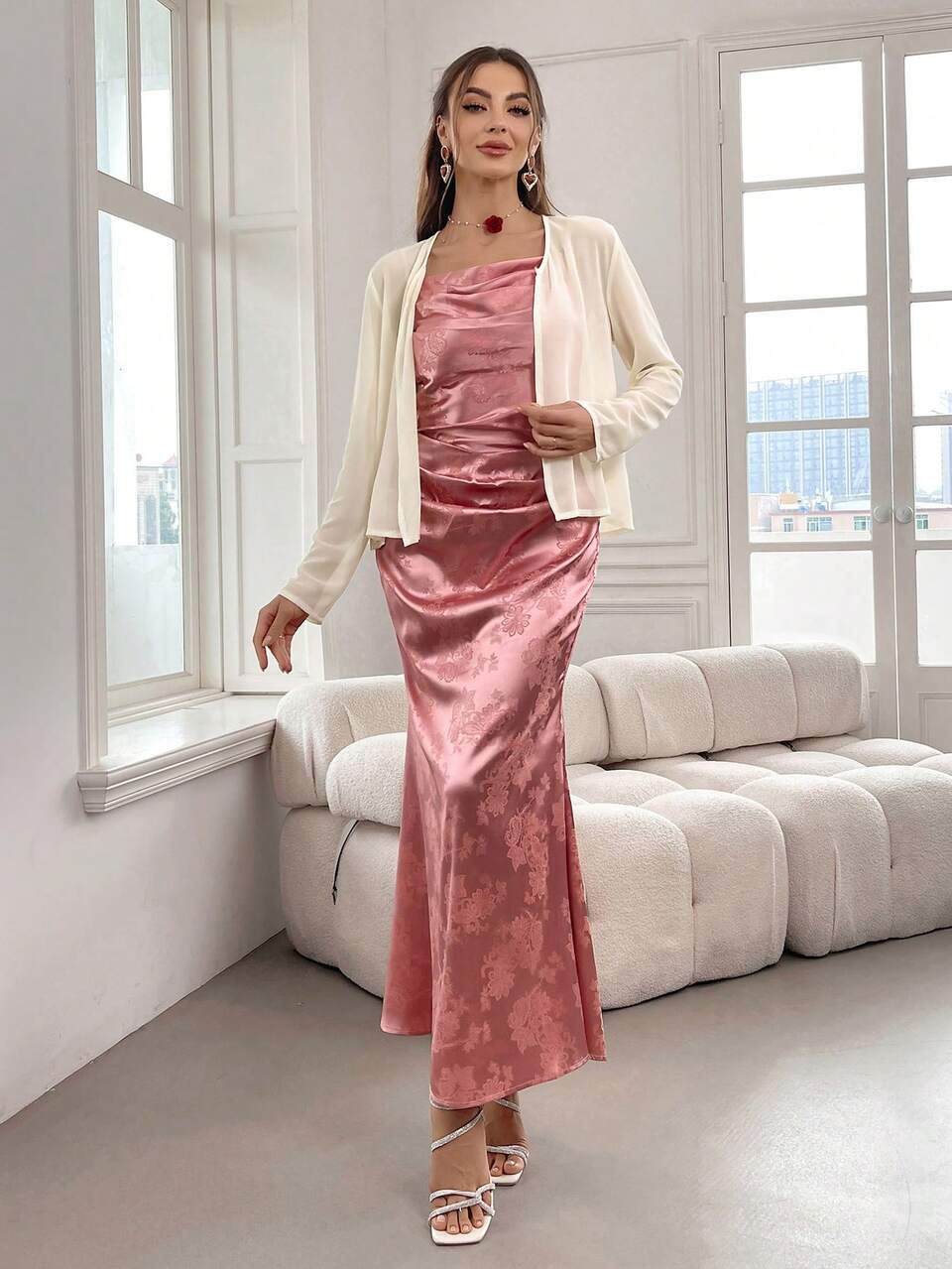 Women's Pink Pleated Strap Dress And White Long Sleeve Jacket Elegant Summer 2-Piece Outfit 2 Piece Set