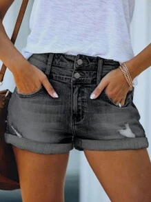 Shorts vaqueros básicos para mujer con bolsillos, 2 botones de moda - Gris - Ver 6