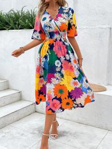 Breezaya Women's Vacation Style Shirred Printed Dress Maxi Vacation Beach Outfit - Multicolor - View 6