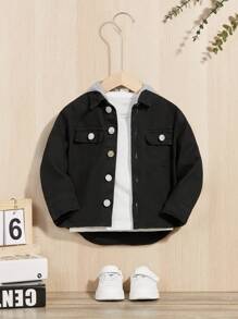 SHEIN Baby Boys' Casual  Cotton Fabric With Hooded Sweatshirt Splicing Long Sleeves Black Denim Jacket, For Outdoor Style
