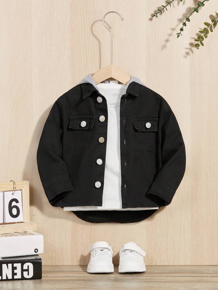 Baby Boys' Casual  Cotton Fabric With Hooded Sweatshirt Splicing Long Sleeves Black Denim Jacket, For Outdoor Style