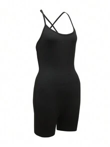 Rückenfreier Trainingsanzug Jumpsuit Unitard für Frauen, Tummy Control, ärmellos, V-Rücken, Scrunch Yoga Romper Unitards - Schwarz - Übersicht 4
