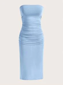 SHEIN EZwear Trang phục mùa hè Đầm bodycon ống đen xẻ đùi - Màu xanh nhạt - Xem 2