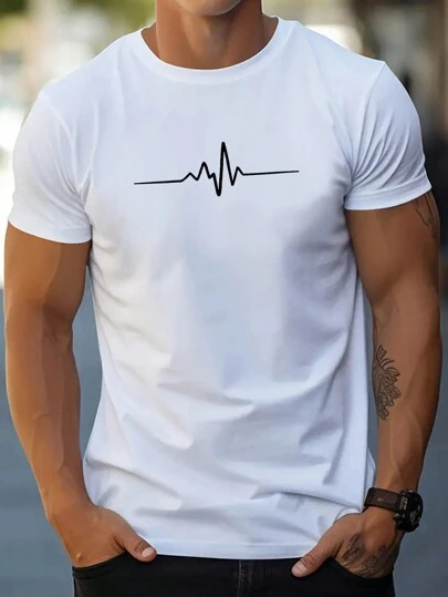 Sommar EKG-tryck för män med rund hals, kortärmad Casual T-shirt