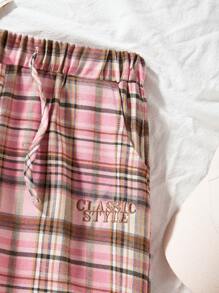 SHEIN 少女格紋寬鬆寬腿休閒長褲，腰部系帶和口袋設計 - 彩色 - 查看 5