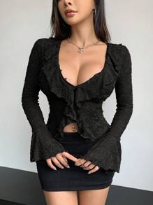 DAZY Damen Einfarbiges Spitzen-Trompetenärmel-Top für Ausgehen, Festivals, Sommer, Rüschen, Rückkehr zur Schule, Langarm Damen Tops, Valentinstag - Schwarz - Übersicht 7