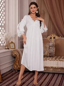 Contrast Lace Ruffle Trim Pajama Night Dress Long Dress - Beige - View 1