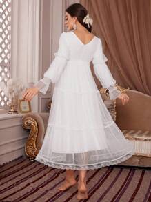 PalaceNights Polka Dot Mesh Lace Trim Pajama Night Dress Long Dress