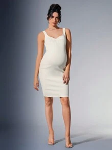 MaterniChic Maternity Casual And Comfortable Round Collar Shoulder Strap Tight Knit Knee-Length Dress, For Young And Mature Women - Apricot - View 2