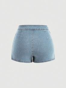 SHEIN MOD 女式不對稱搶眼荷葉邊修飾牛仔裙 - 淺色水洗藍 - 查看 2