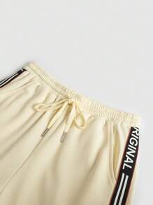 SHEIN EZwear 女式字母印花條紋捆綁口袋休閒運動長褲，配有條紋罩邊綁帶和插口袋 - 米色 - 查看 6