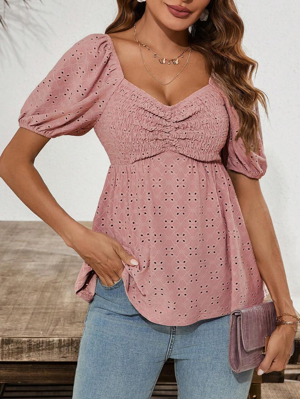 Women's Summer Puff Sleeve Texture T-Shirt
