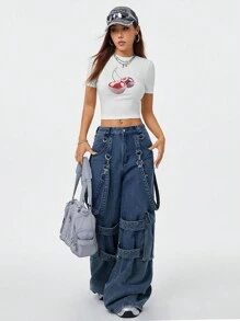 SHEIN EZwear Street Cool All-Match Women's Slim Fit T-Shirt With Pixelated Fruit Cherry Print, Spring And Summer