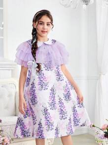 SHEIN DRMZ Tween Girl Tween Girl Cute Loose Collar A-Line Dress With Layered Ruffled Mesh Top 2pcs Set - Purple - View 4