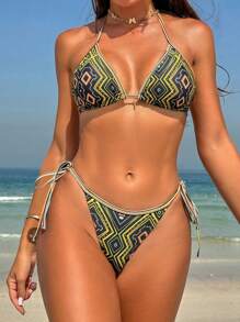 SHEIN Swim Summer Women Halter Triangle Bra And Strappy Bikini Bottom Set (Random Prints) - Multicolor - View 3
