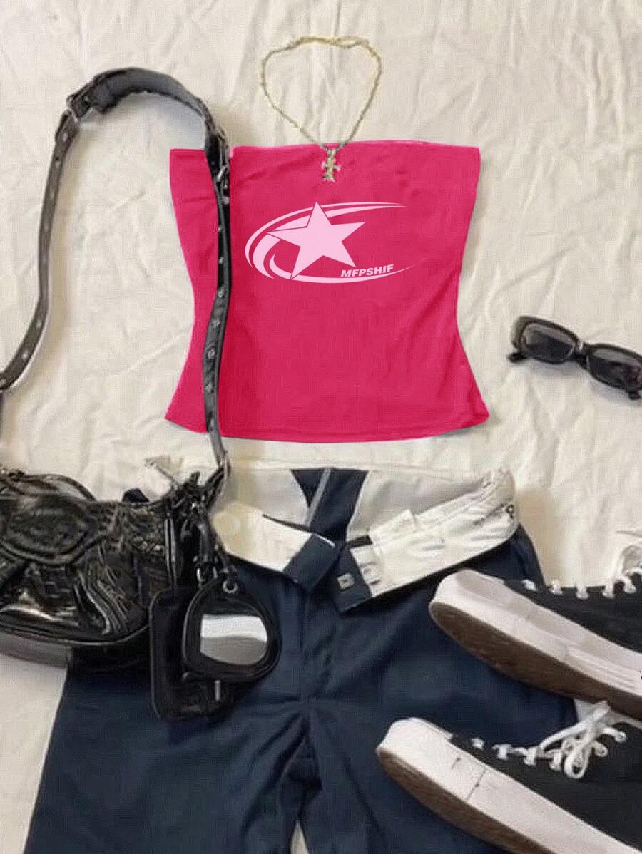 Attitoon 粉色女士休閒星星印花無肩帶上衣，適用於夏季 - 玫紅色 - 查看 1