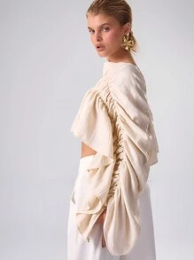 MUSERA Woven Ruched Drape Sleeve Top Vacation Vacation Elegant Holiday Graduation Wedding Guest   Winter  Party Elegant Valentines Day Spring - Apricot - View 3