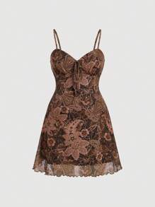 SHEIN MOD Plus Size Brown Vintage Printed Mesh Spaghetti Strap Short A-Line Dress, For Summer,Beach Dress Sundress,Holiday Outfits Boho