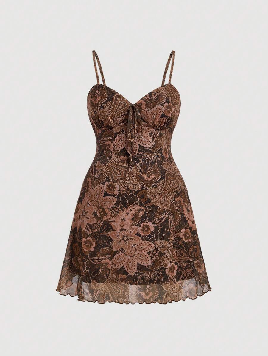 SHEIN MOD Plus Size Brown Vintage Printed Mesh Spaghetti Strap Short A-Line Dress, For Summer,Beach Dress Sundress,Holiday Outfits Boho