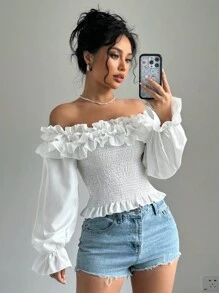 SHEIN Privé Blusa de mujer con hombros descubiertos y ribete de encaje - Blanco - Ver 3