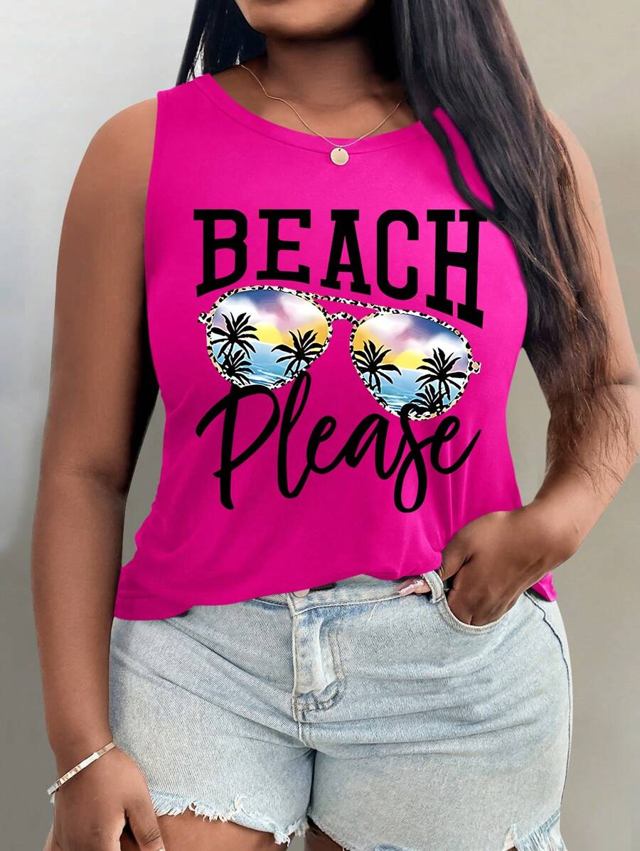 SHEIN LUNE Camiseta casual de mujer de talla grande para verano con cuello redondo y estampado de letras y palmeras - Rosa Fucsia - Ver 1