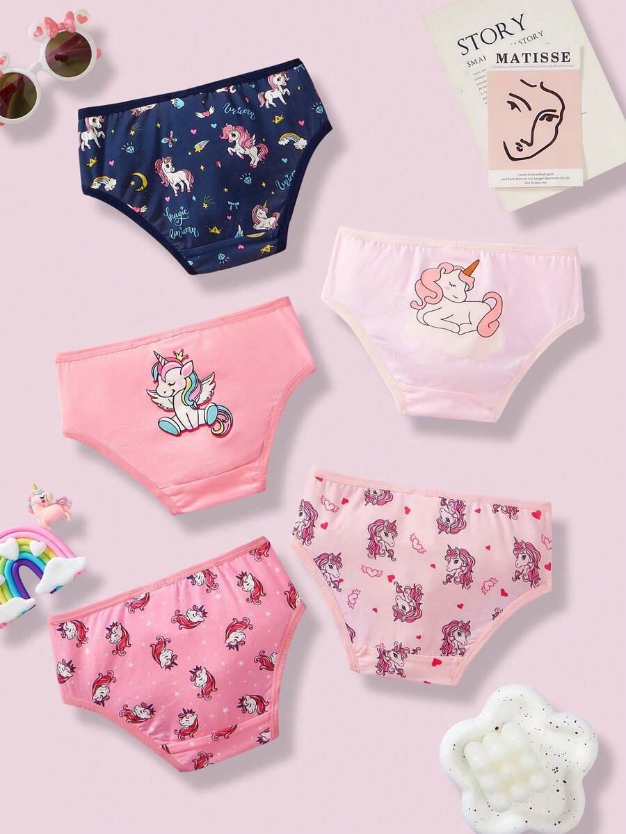 SHEIN Young Girl 5pcs/Set Unicorn Printed Knitted Comfortable Triangle Panties - Baby Pink - View 1