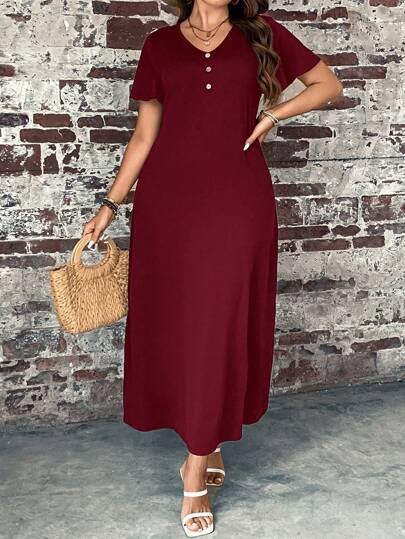 SHEIN LUNE Plus Size Women's Summer V-Neck Short Sleeve Button Decor Straight Casual Long Casual Dress