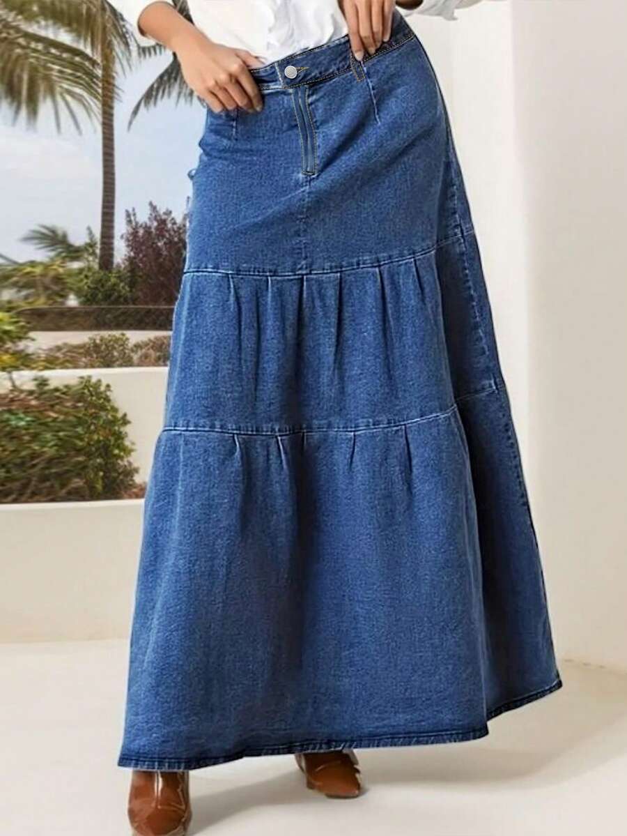 Damska spódnica jeansowa z falbanką, w kształcie litery A - Średni jeans - Zobacz 1