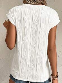 Camiseta de manga corta con cuello redondo y de textura sólida para mujer en verano - Blanco - Ver 2