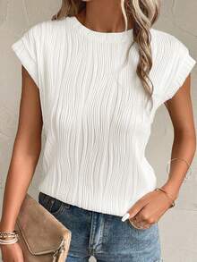 Camiseta de manga corta con cuello redondo y de textura sólida para mujer en verano - Blanco - Ver 6