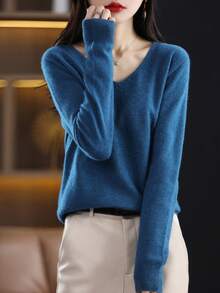 100%美麗諾羊毛女士毛衣V領套頭上衣，第一線現貨，休閒長袖無縫針織毛衣 - 藏蓝色 - 查看 3