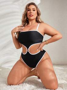 SHEIN Swim Curve Plus Size Women's Hollow Out Waist One-Piece Swimsuit With Fringe Trim, Perfect For Vacation,Summer Beach - Black - View 3