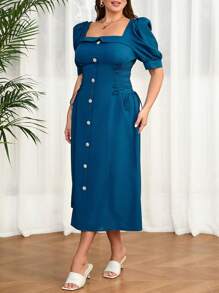 Mulvari Vestido de fiesta de talla grande con mangas abullonadas, escote cuadrado, botón de una sola  y correas para ajustar - Azul - Ver 6