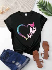 SHEIN Tween Girls' Lovely Heart Print T-Shirt Style Hit  Summer Tops