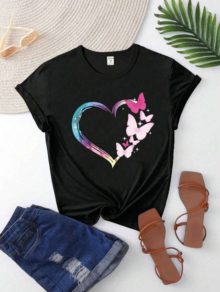 SHEIN Tween Girls' Lovely Heart Print T-Shirt Style Hit  Summer Tops