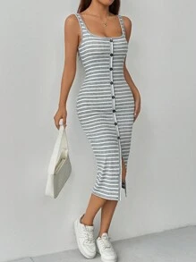 Flirla Petite Women's Striped Print Simple Daily Dress Maxi Women Outfit - Grey - View 5
