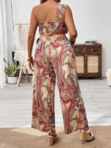 Breezaya Plus Size Vacation And Leisure Paisley Print One-Shoulder Crop Top With Wide Leg Pants Two Pieces Set