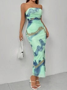 Selianne Elegant Strapless Bodycon Side Slit Mesh Printed Women's Dress Maxi Women Outfit - Multicolor - View 5