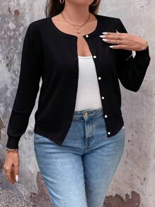 SHEIN LUNE Kardigans für Damen in Große Größen, Einfarbiger Langarm Einzelknopf Lässig dünner Strickjacke - Schwarz - Übersicht 5