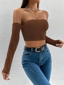 SHEIN PETITE Top sólido de hombros descubiertos y recortado - Café integral - Ver 5
