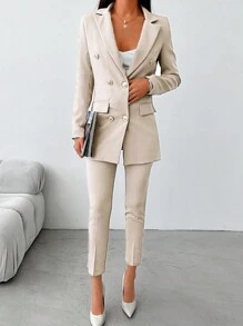 EURMUSE 雙排釦西裝外套&腰帶長褲 - 杏色 - 查看 3