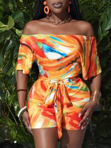 Slaydiva Printed Asymmetrical Neckline Belted Playsuit, Spring Summer - Orange - View 6