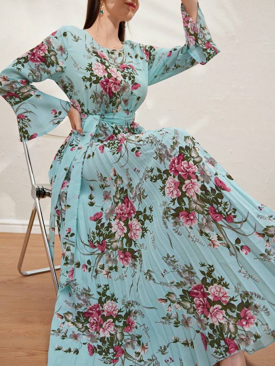 Modelyn Floral Print Ruffle Sleeves Summer Pleated Dress Maxi Women Outfit Long Evening Dresses Fall Cloth For Women - Blue - View 1