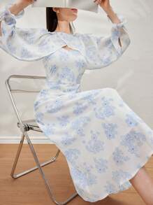 Modelyn 女性優雅花卉全印花收腰細肩帶連衣裙和長袖背心套裝，夏季 - 藍白色 - 查看 5