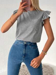 T-shirt unicolore à volants - Gris - Voir 5