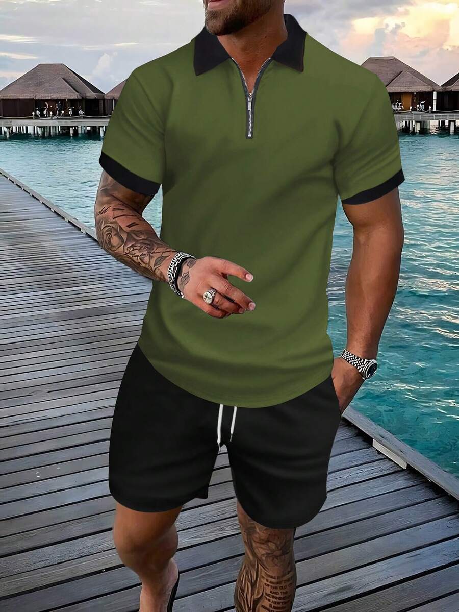 Men's Contrast Color Half-Zip Short Sleeve Polo Shirt And Shorts Set, Summer - Multicolor - View 1