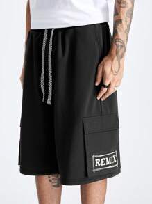 Manfinity RebelGame Men's Drawstring Waist Loose Fit Letter Printed Cargo Shorts With Pockets - Black - View 5